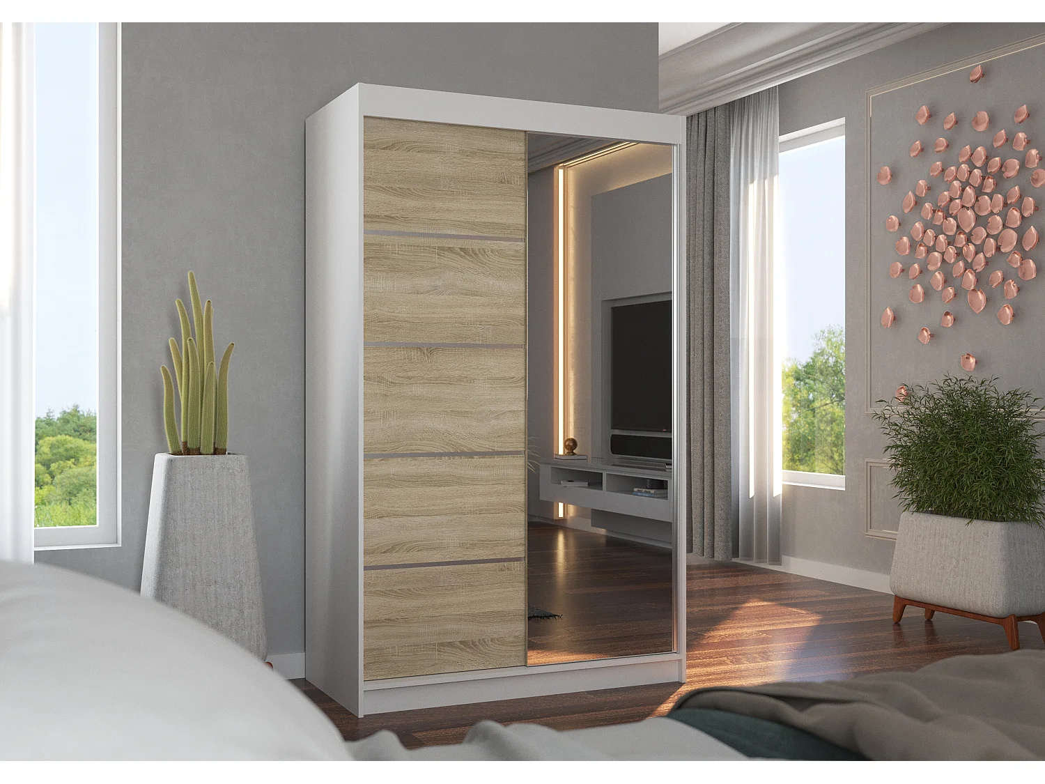 Petite armoire de chambre 2 portes coulissantes bois blanc et naturel avec miroir Noka 120cm