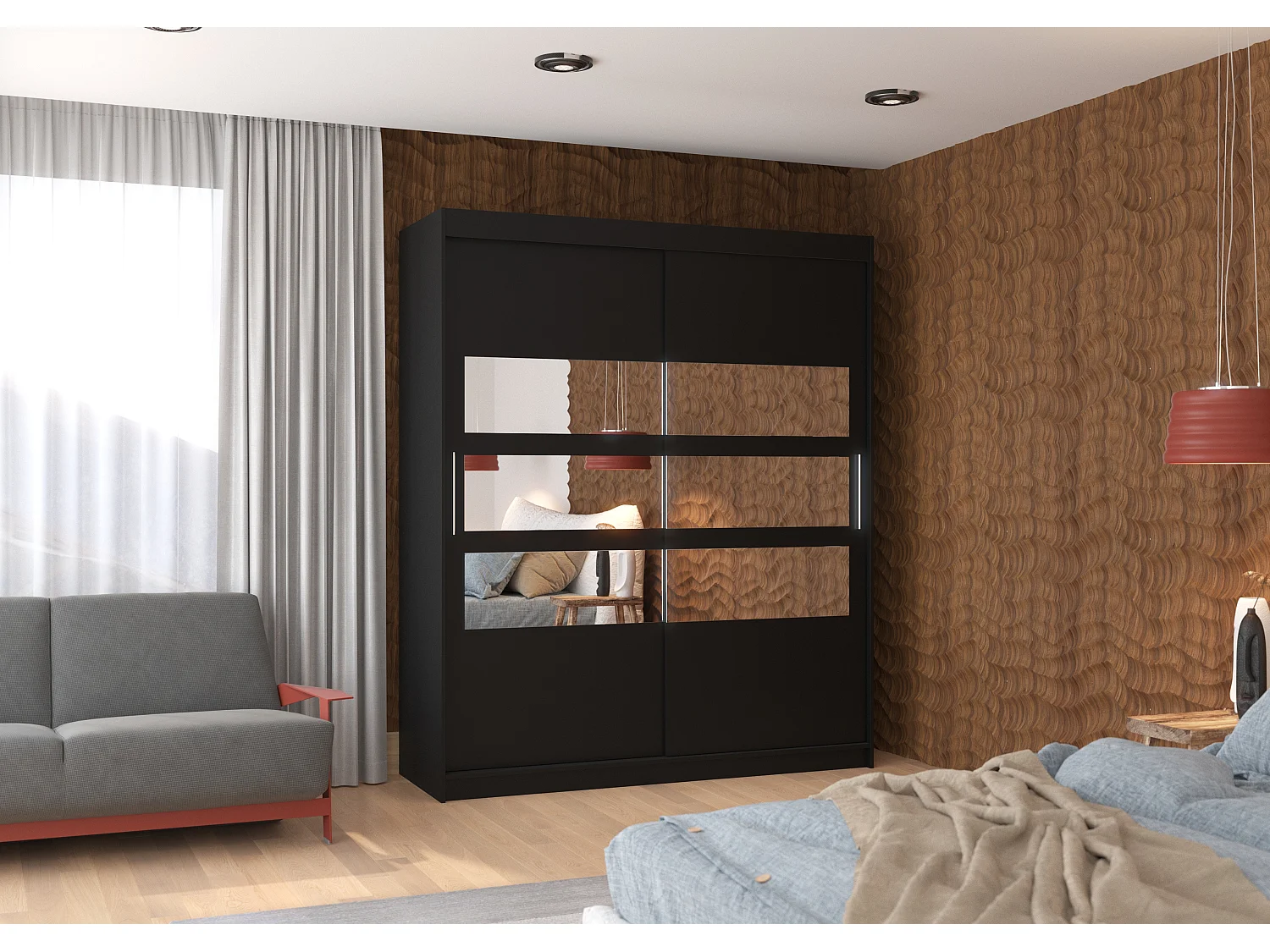 Armoire de chambre à coucher 2 portes coulissantes noir et 6 miroirs horizontaux Dolena 180cm