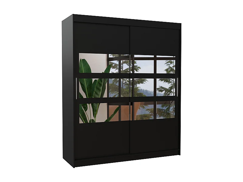 Armoire de chambre à coucher 2 portes coulissantes noir et 6 miroirs horizontaux Dolena 180cm