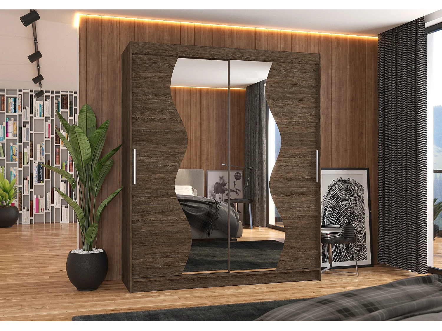 Armoire de chambre moderne marron 2 portes coulissantes avec miroir Voky 180cm