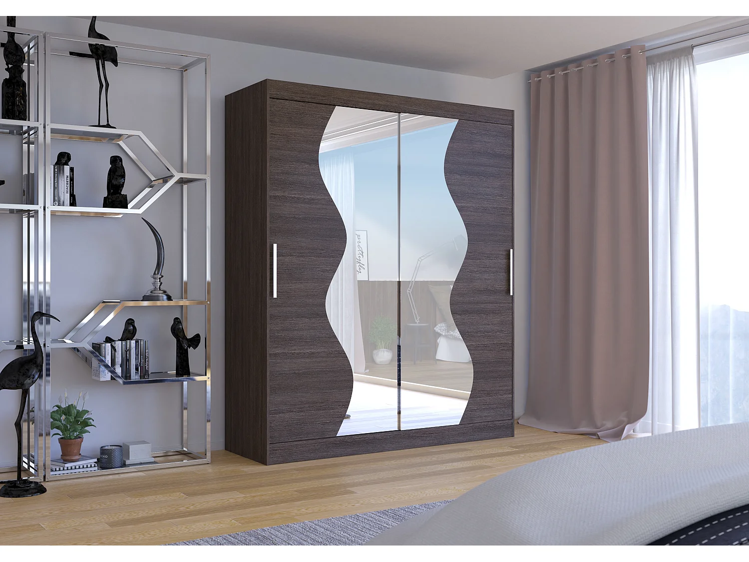 Armoire de chambre moderne marron 2 portes coulissantes avec miroir Voky 180cm