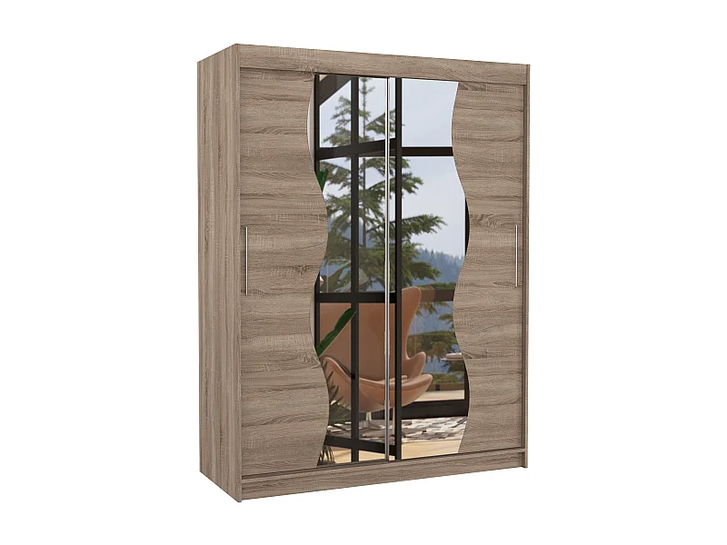 Armoire de chambre bois truffe 2 portes coulissantes avec miroir Renka 150cm