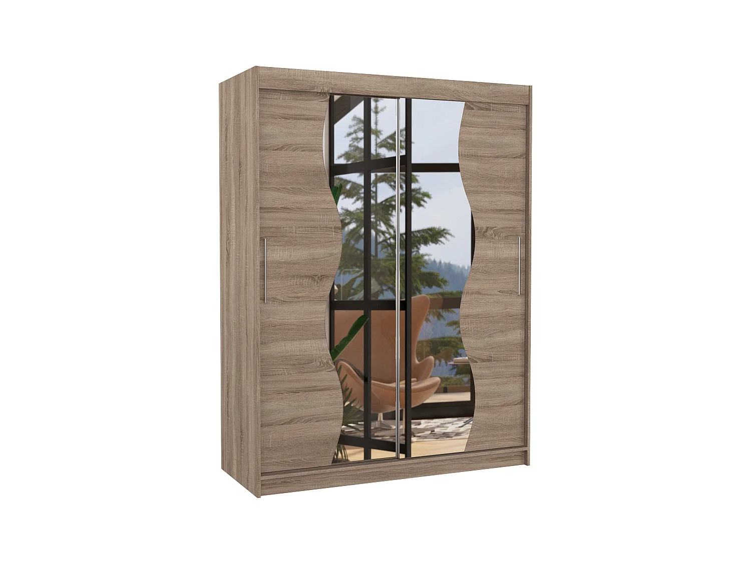 Armoire de chambre bois truffe 2 portes coulissantes avec miroir Renka 150cm