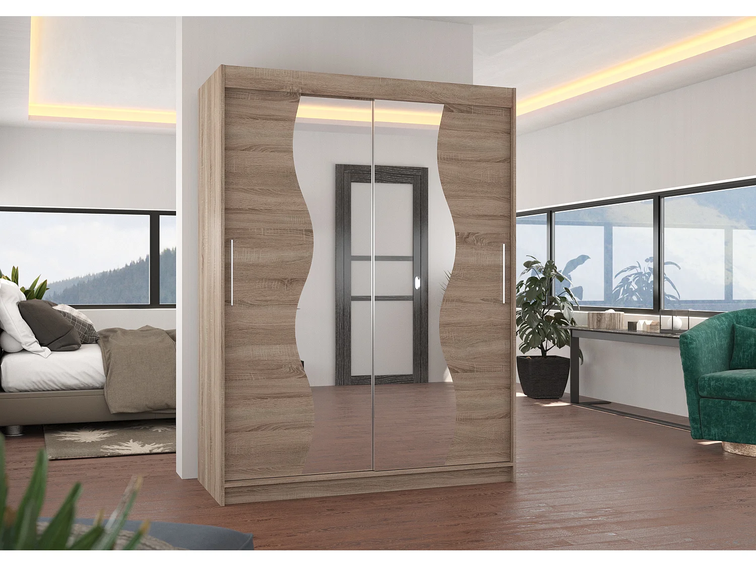 Armoire de chambre bois truffe 2 portes coulissantes avec miroir Renka 150cm