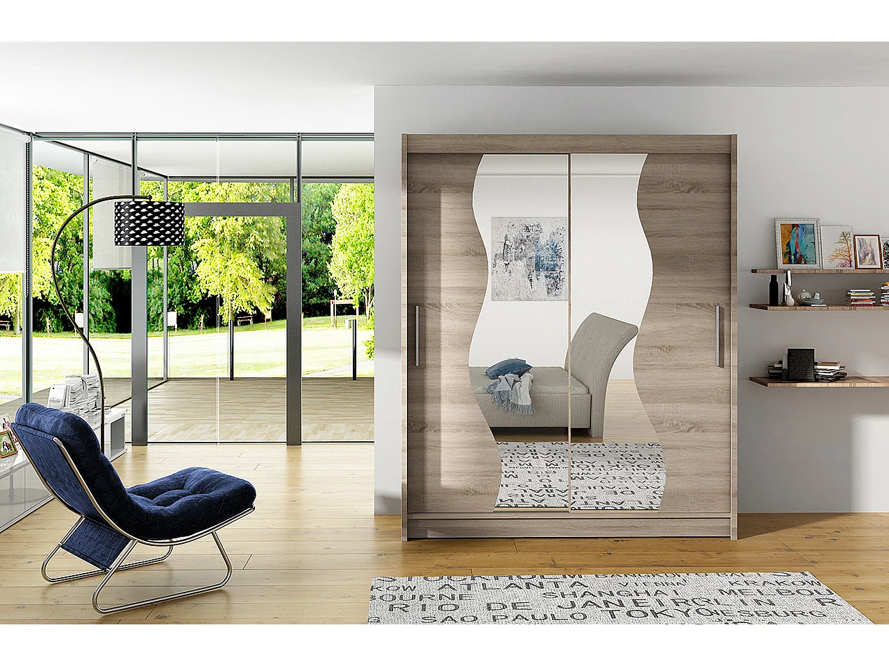 Armoire de chambre bois truffe 2 portes coulissantes avec miroir Renka 150cm