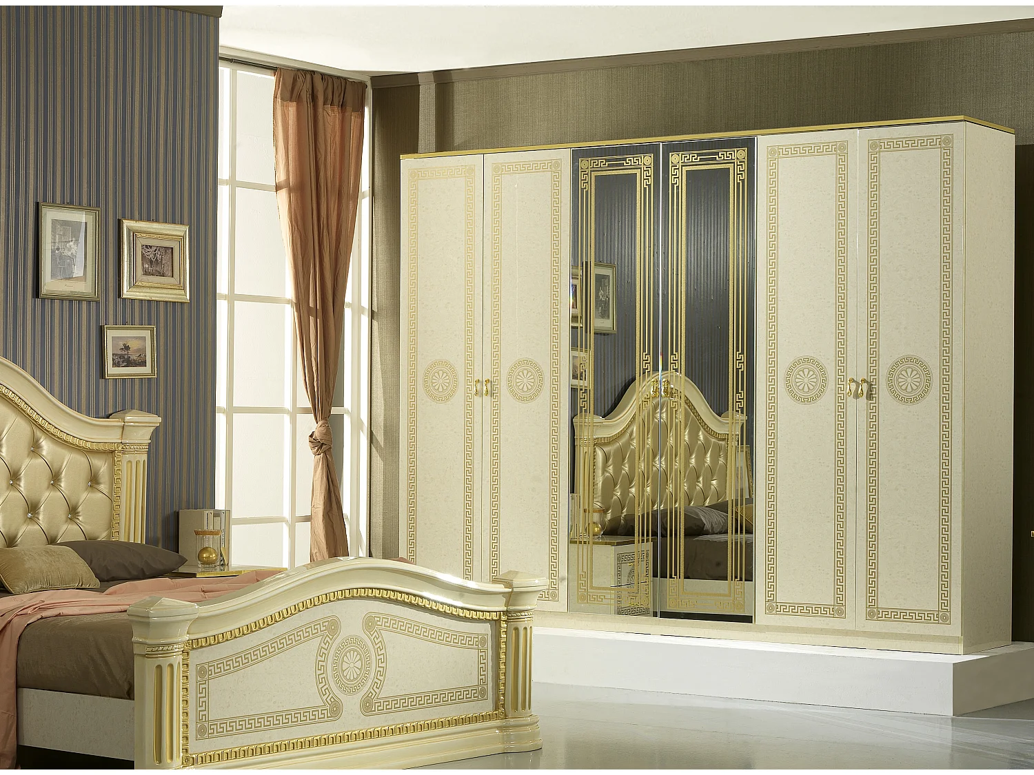 Armoire de chambre 6 portes 2 avec miroirs laqué beige et doré Savana 181cm