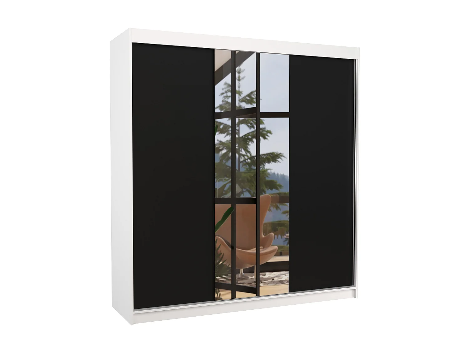 Armoire chambre adulte 2 portes coulissantes bois blanc et noir avec miroir Zafa 200cm