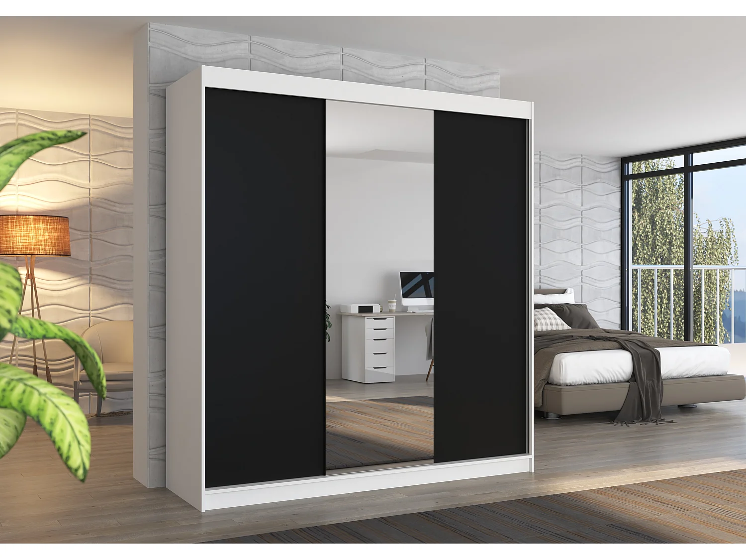 Armoire chambre adulte 2 portes coulissantes bois blanc et noir avec miroir Zafa 200cm