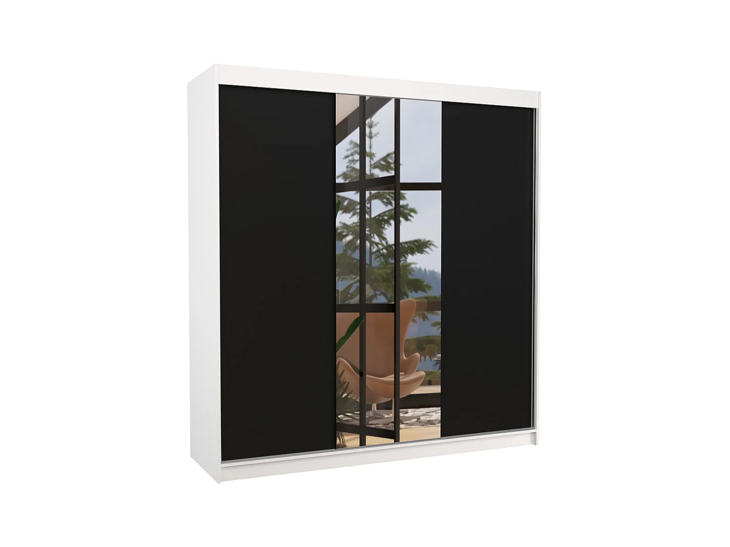 Armoire chambre adulte 2 portes coulissantes bois blanc et noir avec miroir Zafa 200cm