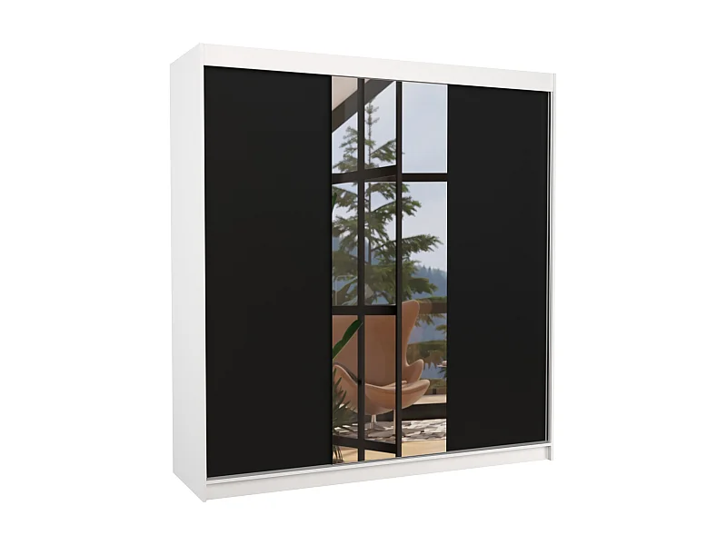 Armoire chambre adulte 2 portes coulissantes bois blanc et noir avec miroir Zafa 200cm