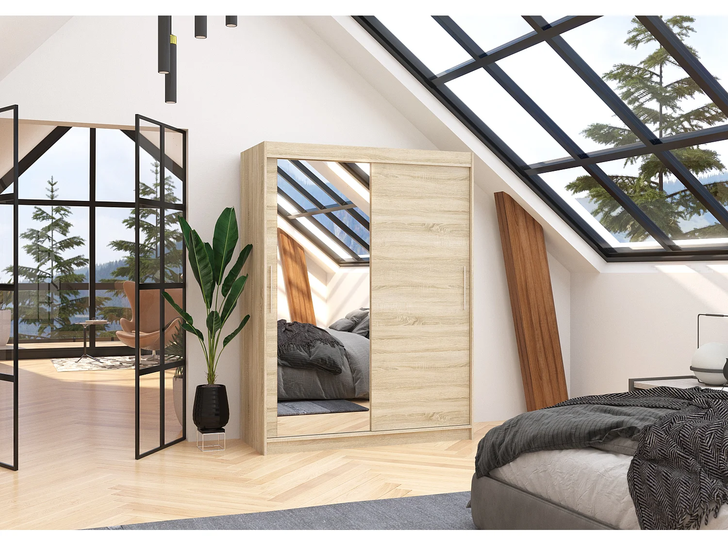 Armoire de chambre 2 portes coulissantes 1 bois clair 1 miroir Bianky 150cm