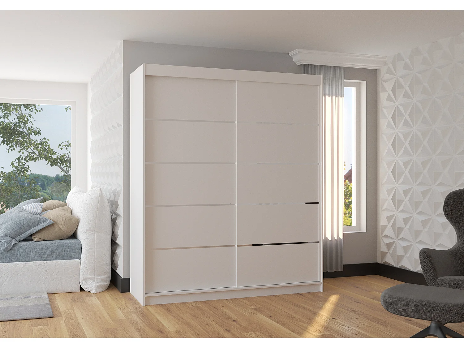 Armoire de chambre à coucher 2 portes coulissantes blanc et alu Pimka 180cm