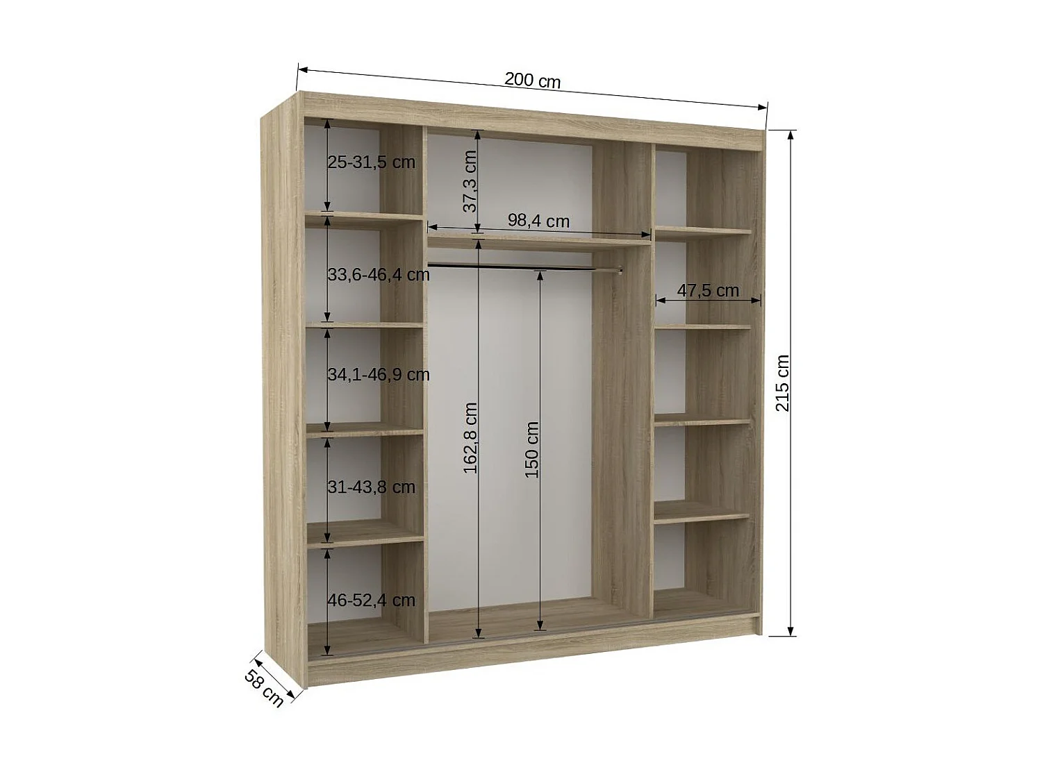 Armoire chambre adulte 2 portes coulissantes 1 naturel 1 miroir Olivia 200cm