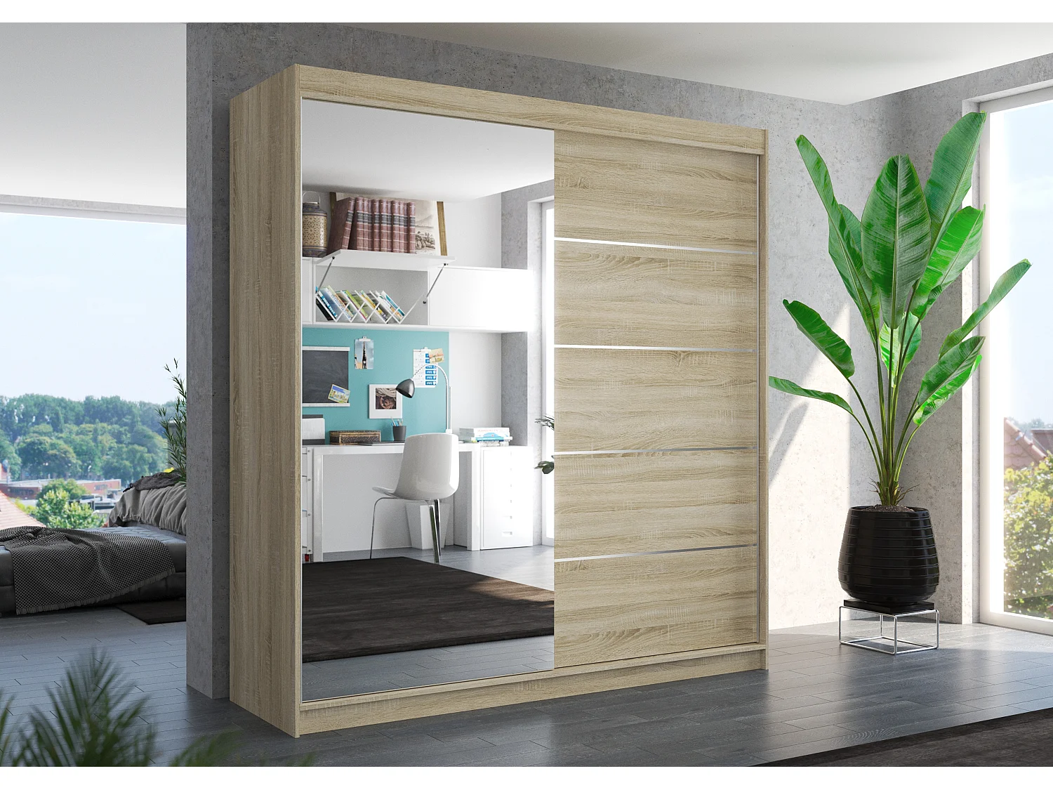 Armoire chambre adulte 2 portes coulissantes 1 naturel 1 miroir Olivia 200cm