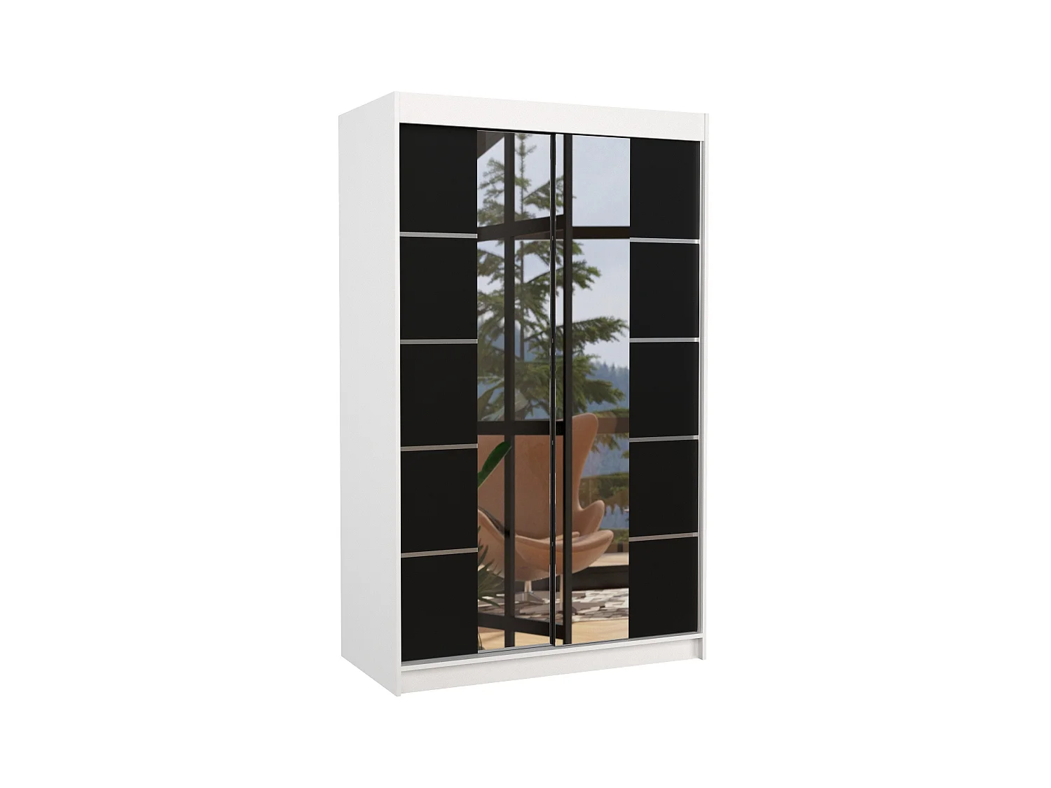 Petite armoire design de chambre à coucher 2 portes coulissantes blanche et noir avec miroir Kinzo 120cm