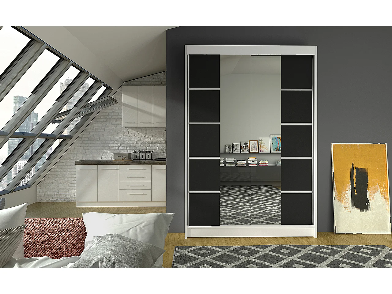 Petite armoire design de chambre à coucher 2 portes coulissantes blanche et noir avec miroir Kinzo 120cm