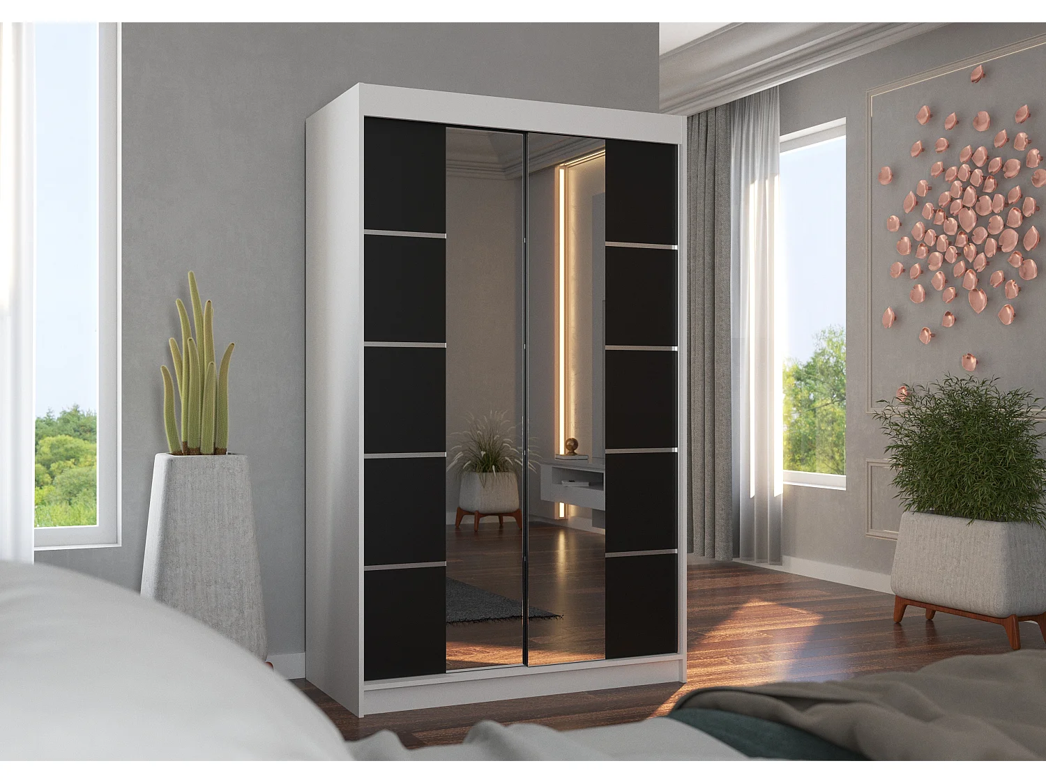 Petite armoire design de chambre à coucher 2 portes coulissantes blanche et noir avec miroir Kinzo 120cm