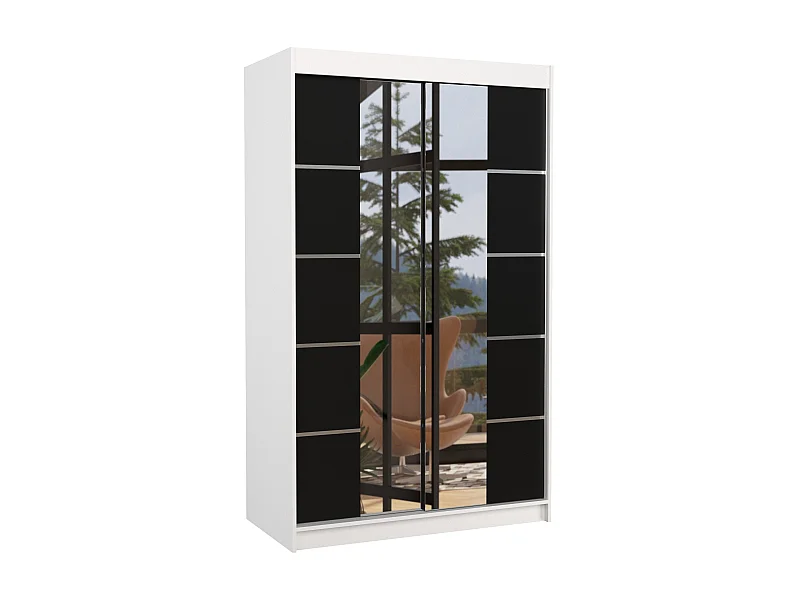 Petite armoire design de chambre à coucher 2 portes coulissantes blanche et noir avec miroir Kinzo 120cm