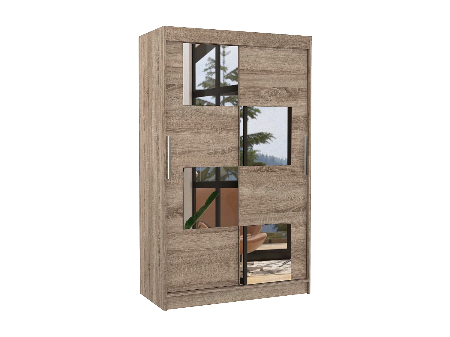 Petite armoire de chambre 2 portes coulissantes bois truffe et 4 miroirs Luko 120cm