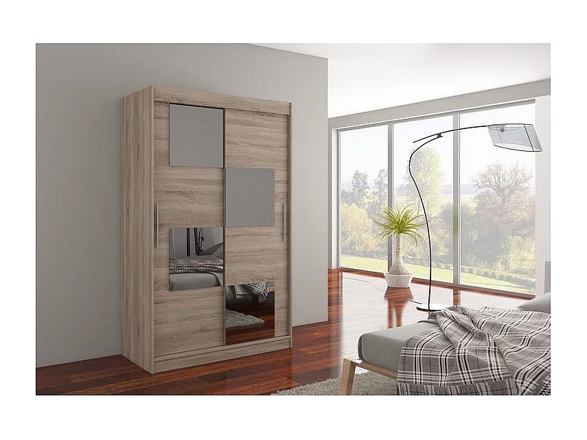 Petite armoire de chambre 2 portes coulissantes bois truffe et 4 miroirs Luko 120cm