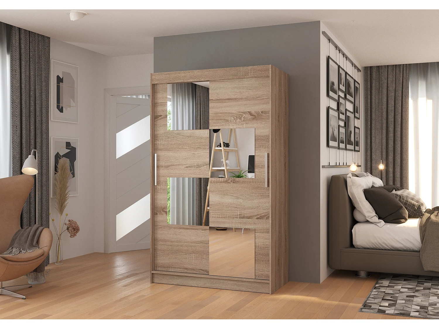 Petite armoire de chambre 2 portes coulissantes bois truffe et 4 miroirs Luko 120cm