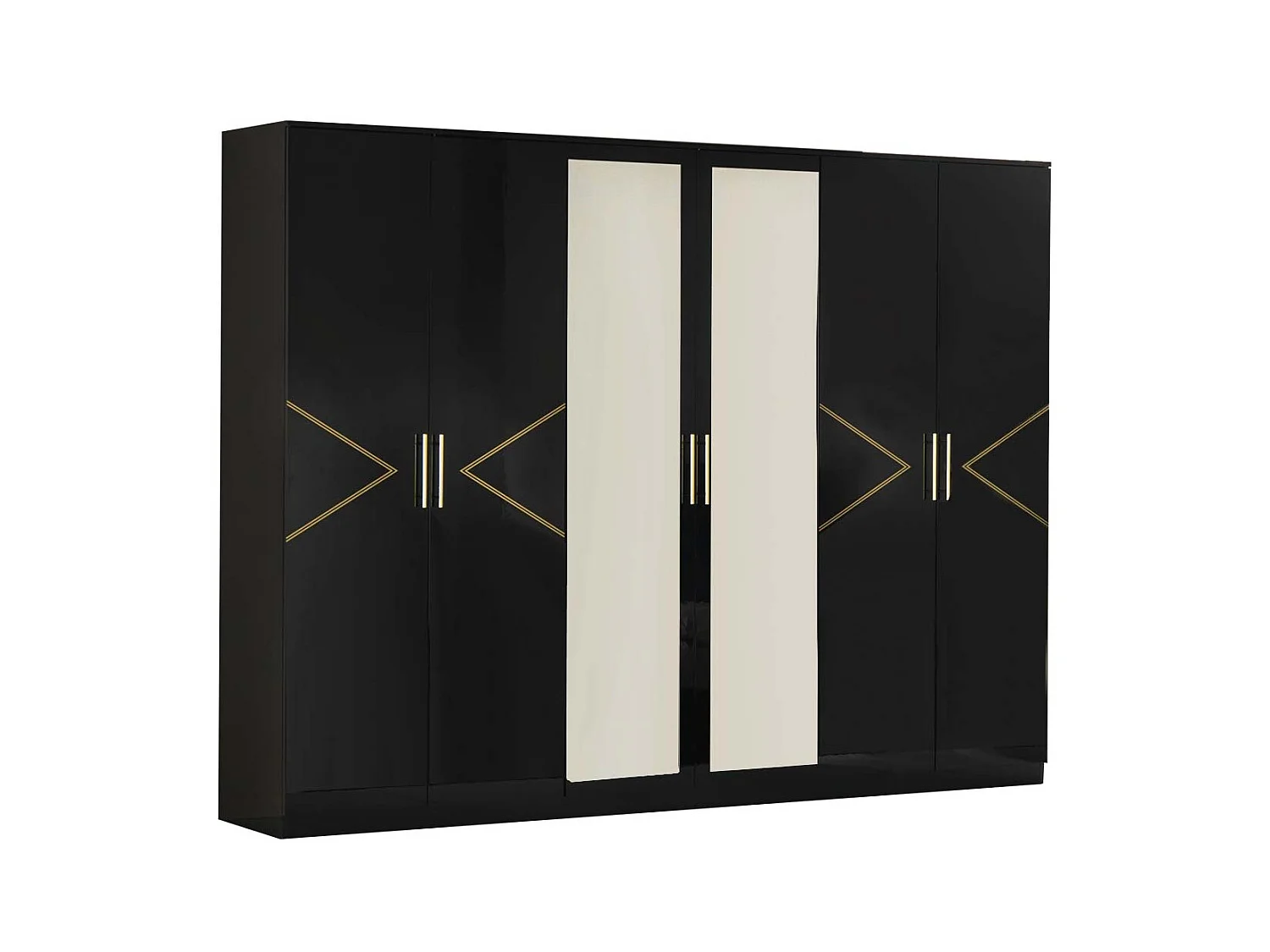 Grande armoire de chambre design 6 portes battantes bois noir laqué et métal doré Diamanto 270cm