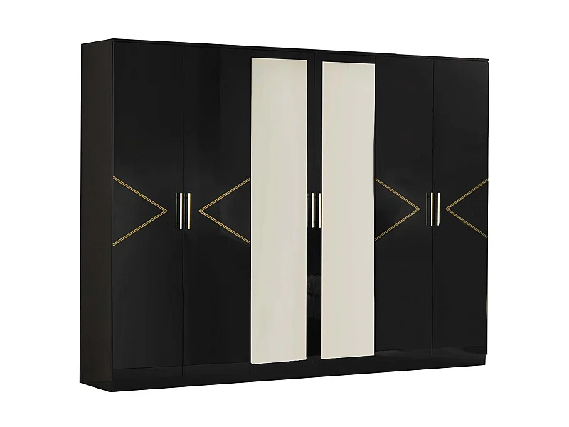 Grande armoire de chambre design 6 portes battantes bois noir laqué et métal doré Diamanto 270cm