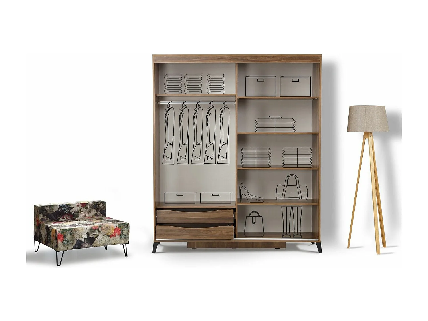 Bruin houten volwassenenkast 2 schuifdeuren met spiegel Marka - 8 maten-Breedte 190cm