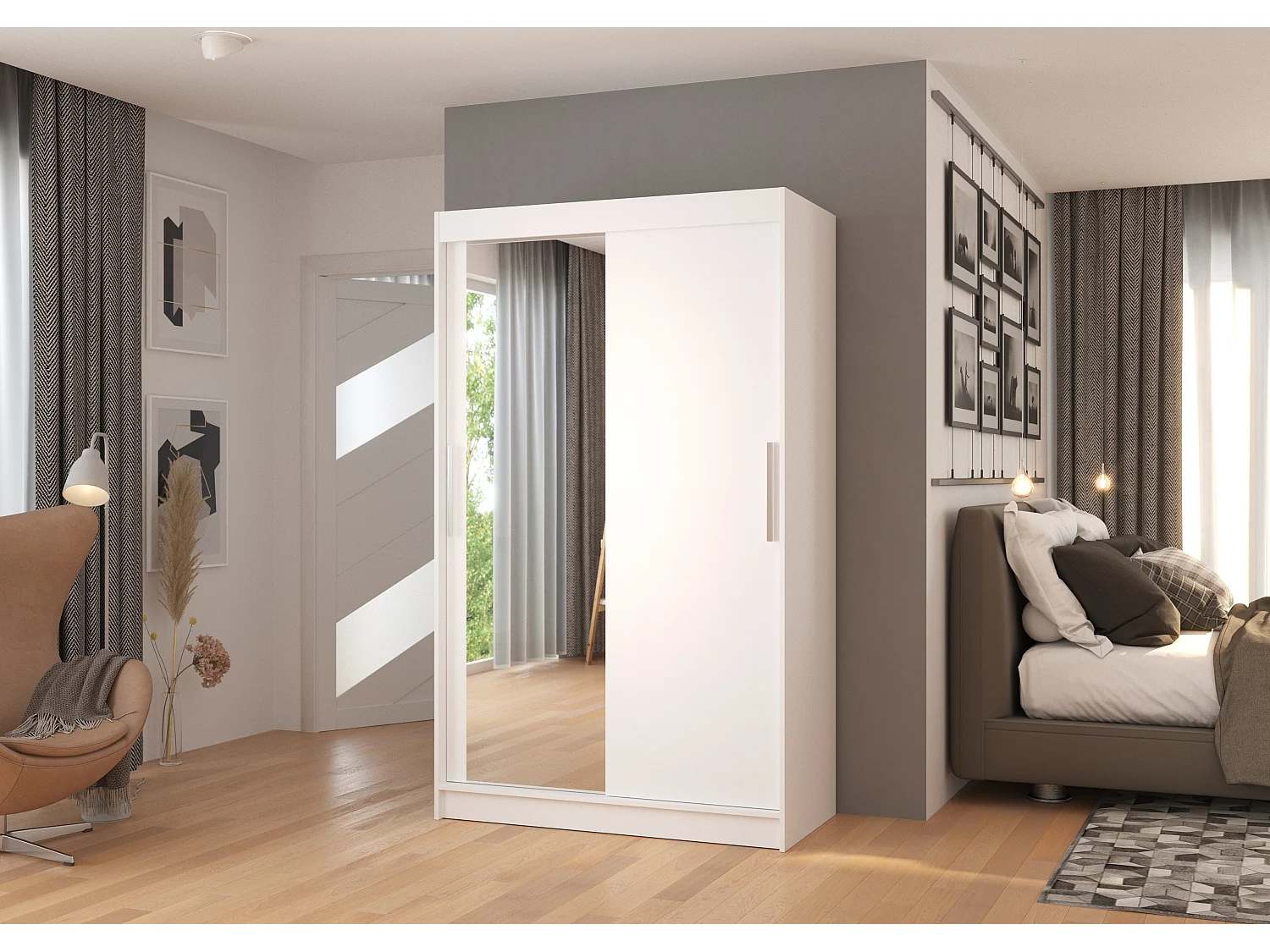 Petite armoire de chambre BAZO 2 portes coulissantes bois et miroir-Blanc-Largeur 120 cm