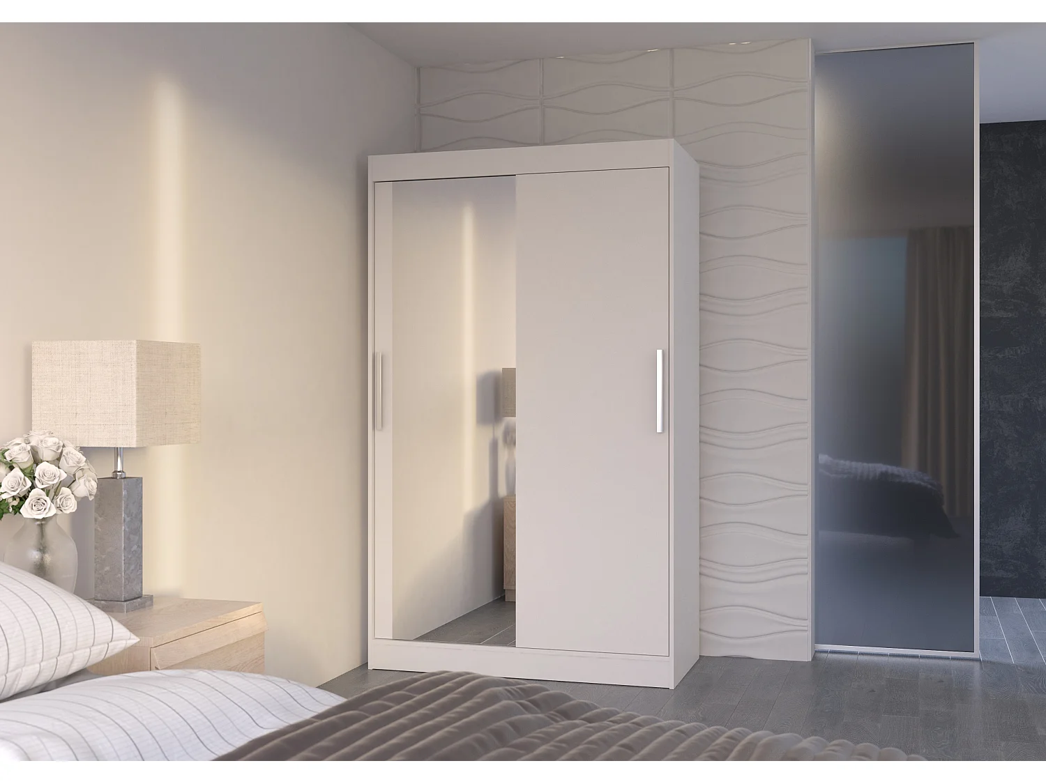 Petite armoire de chambre BAZO 2 portes coulissantes bois et miroir-Blanc-Largeur 120 cm