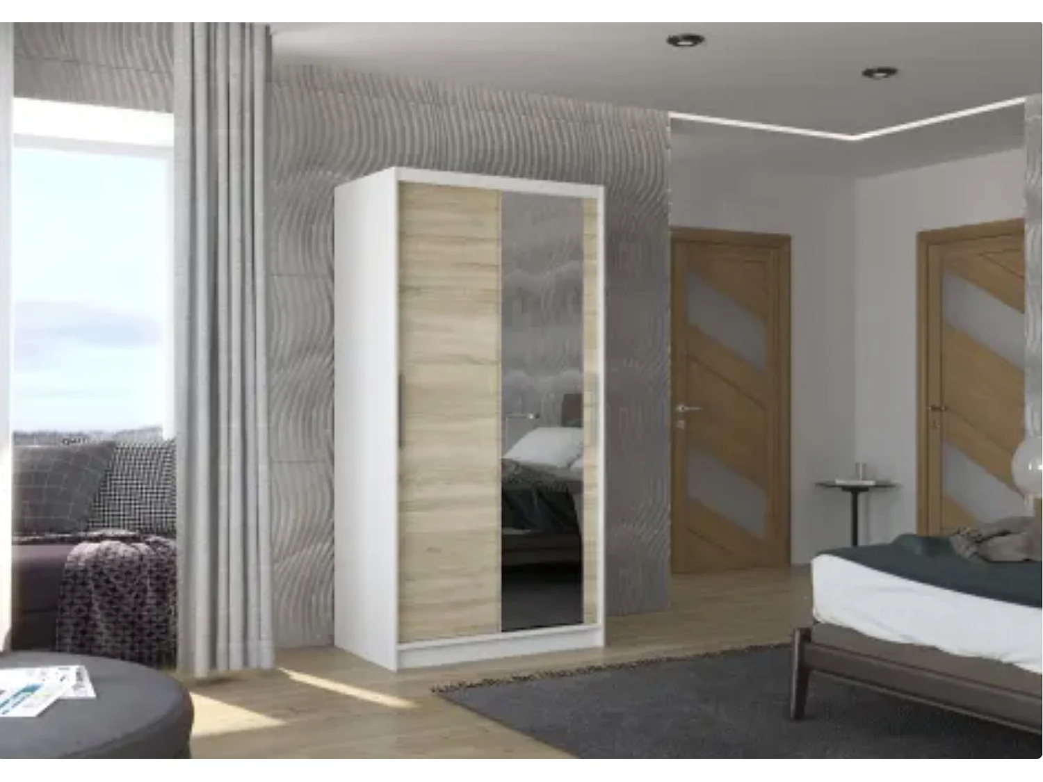 Petite armoire de chambre BAZO 2 portes coulissantes bois et miroir-Blanc-Largeur 120 cm