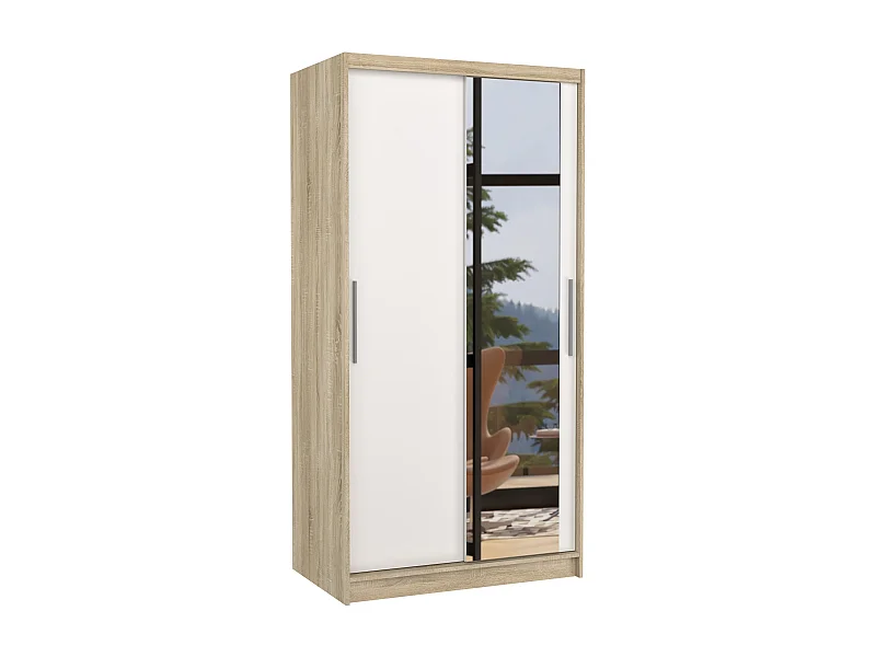 Petite armoire de chambre naturel 2 portes coulissantes bois blanc et miroir Bazo 100cm