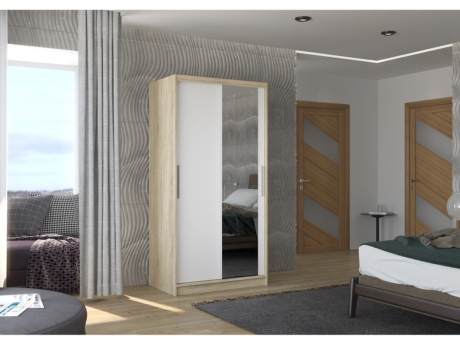 Petite armoire de chambre naturel 2 portes coulissantes bois blanc et miroir Bazo 100cm