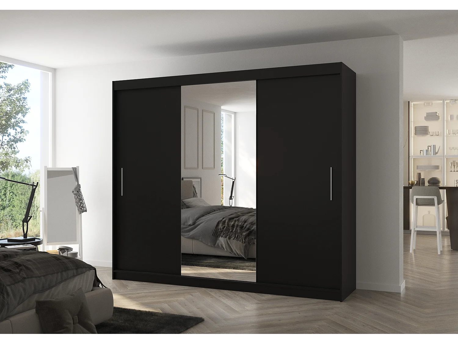 Grande armoire de chambre à coucher 3 portes coulissantes noir et miroir Dany 250cm