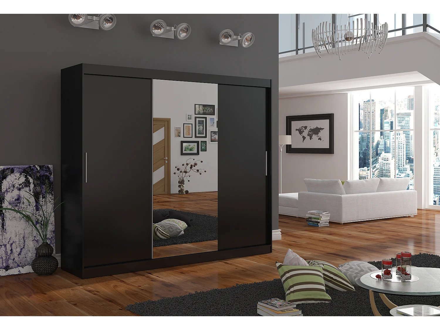 Grande armoire de chambre à coucher 3 portes coulissantes noir et miroir Dany 250cm