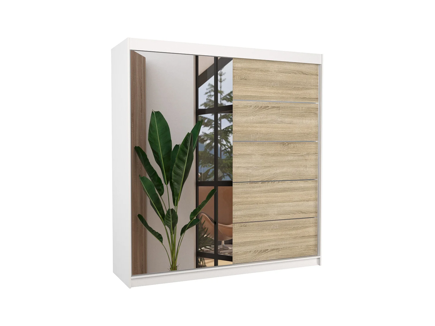 Armoire chambre adulte 2 portes coulissantes blanc et naturel avec miroir Olivia 200cm