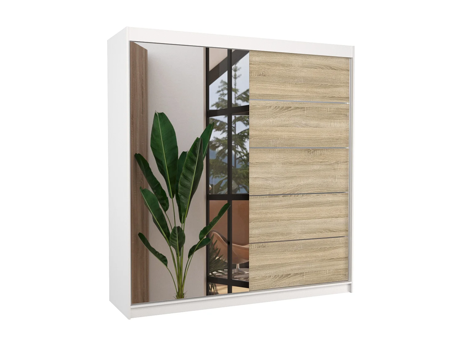 Armoire chambre adulte 2 portes coulissantes OLIVIA 200cm avec miroir-Blanc/Naturel