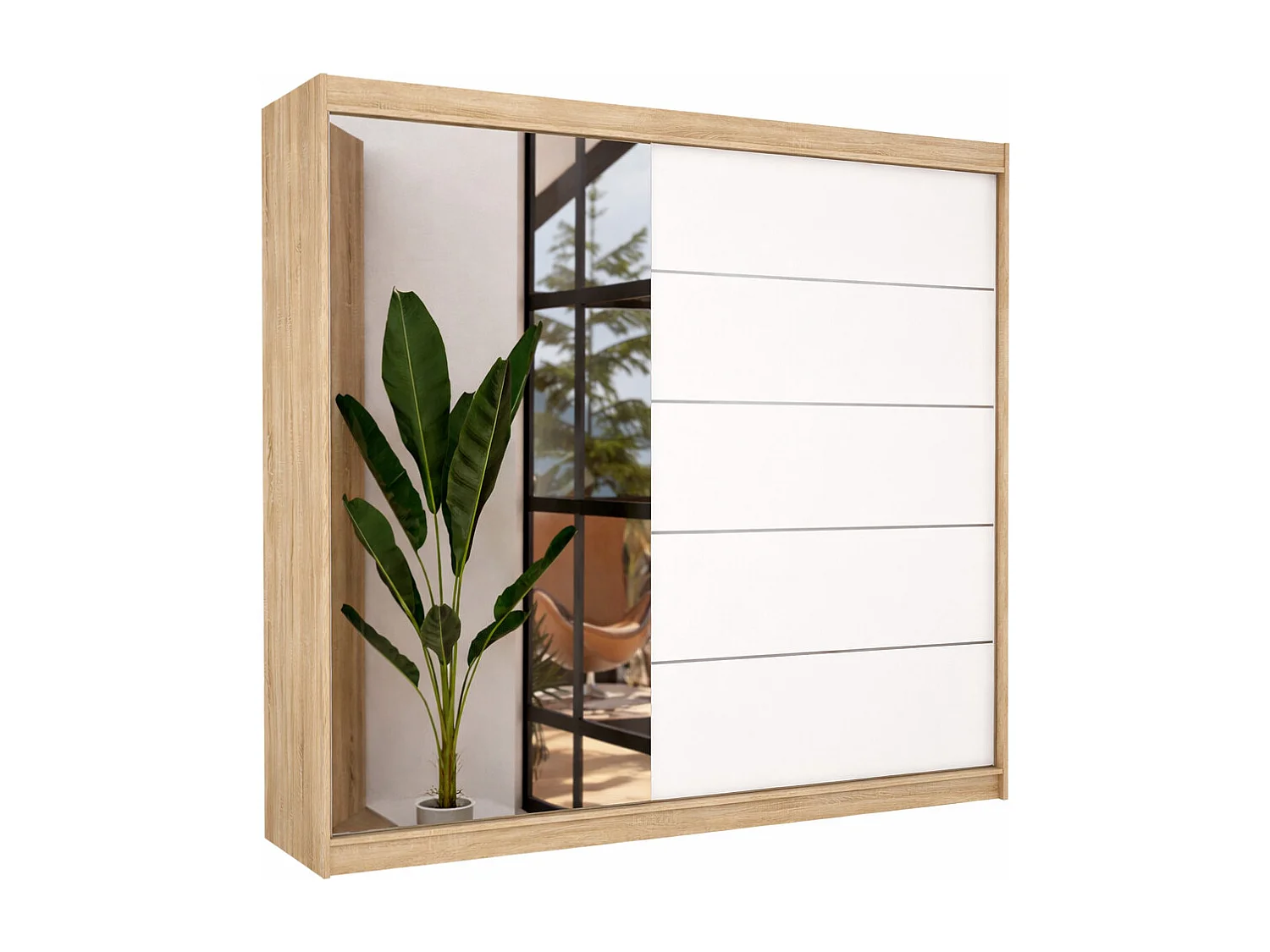 Armoire chambre adulte 2 portes coulissantes OLIVIA 200cm avec miroir-Blanc/Naturel