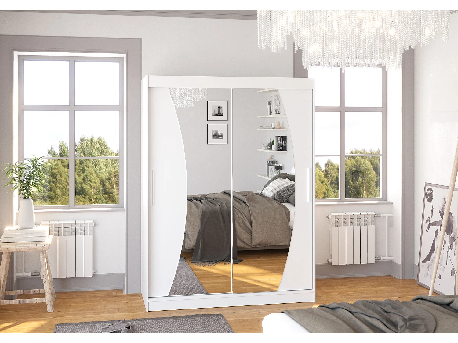Armoire de chambre blanche 2 portes coulissantes avec miroir Modela 150cm