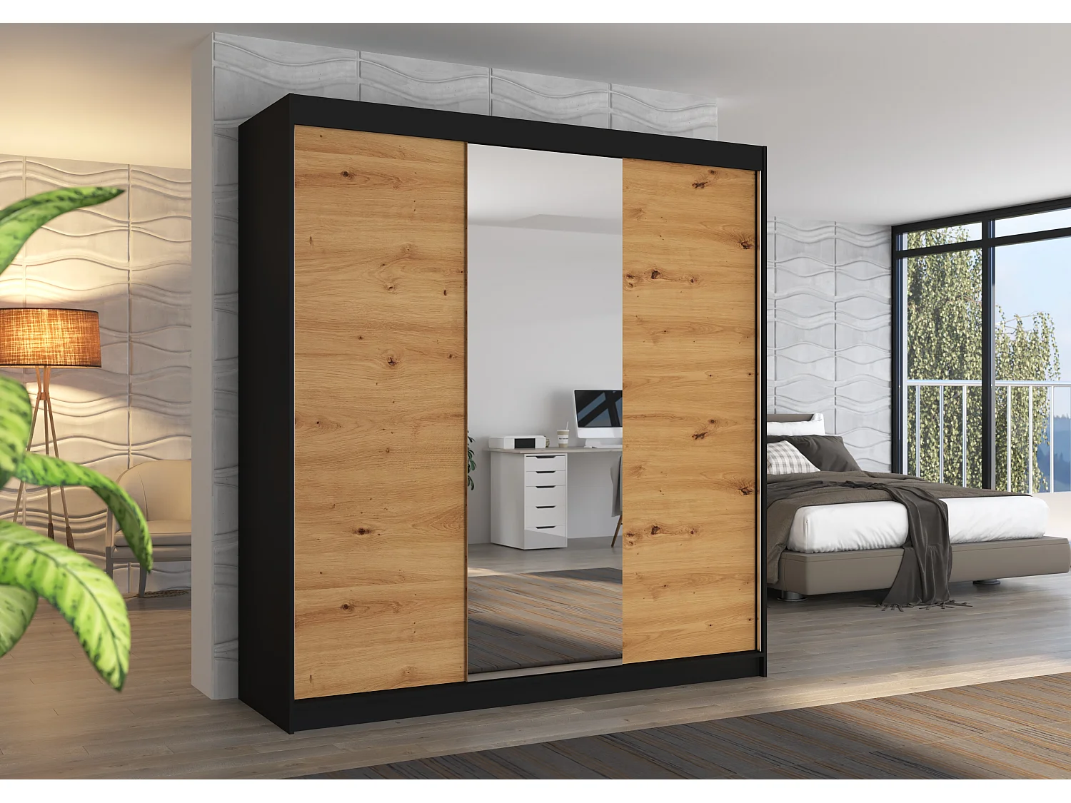 Armoire chambre adulte 2 portes coulissantes bois noir et artisan avec miroir Zafa 200cm