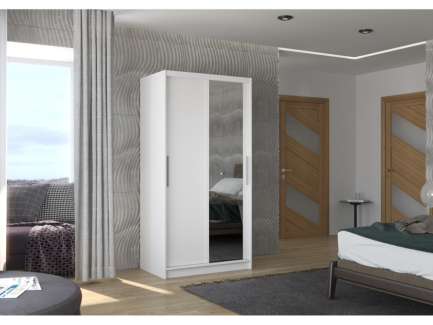 Petite armoire de chambre 2 portes coulissantes blanche avec miroir Bazo 100cm