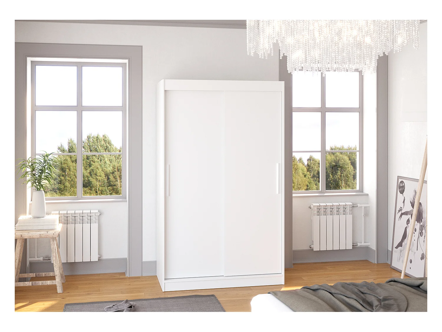 Petite armoire de chambre blanche avec 2 portes coulissantes Keria 120cm