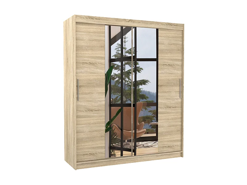 Armoire de chambre à coucher 2 portes coulissantes naturel et miroir Dally 180cm