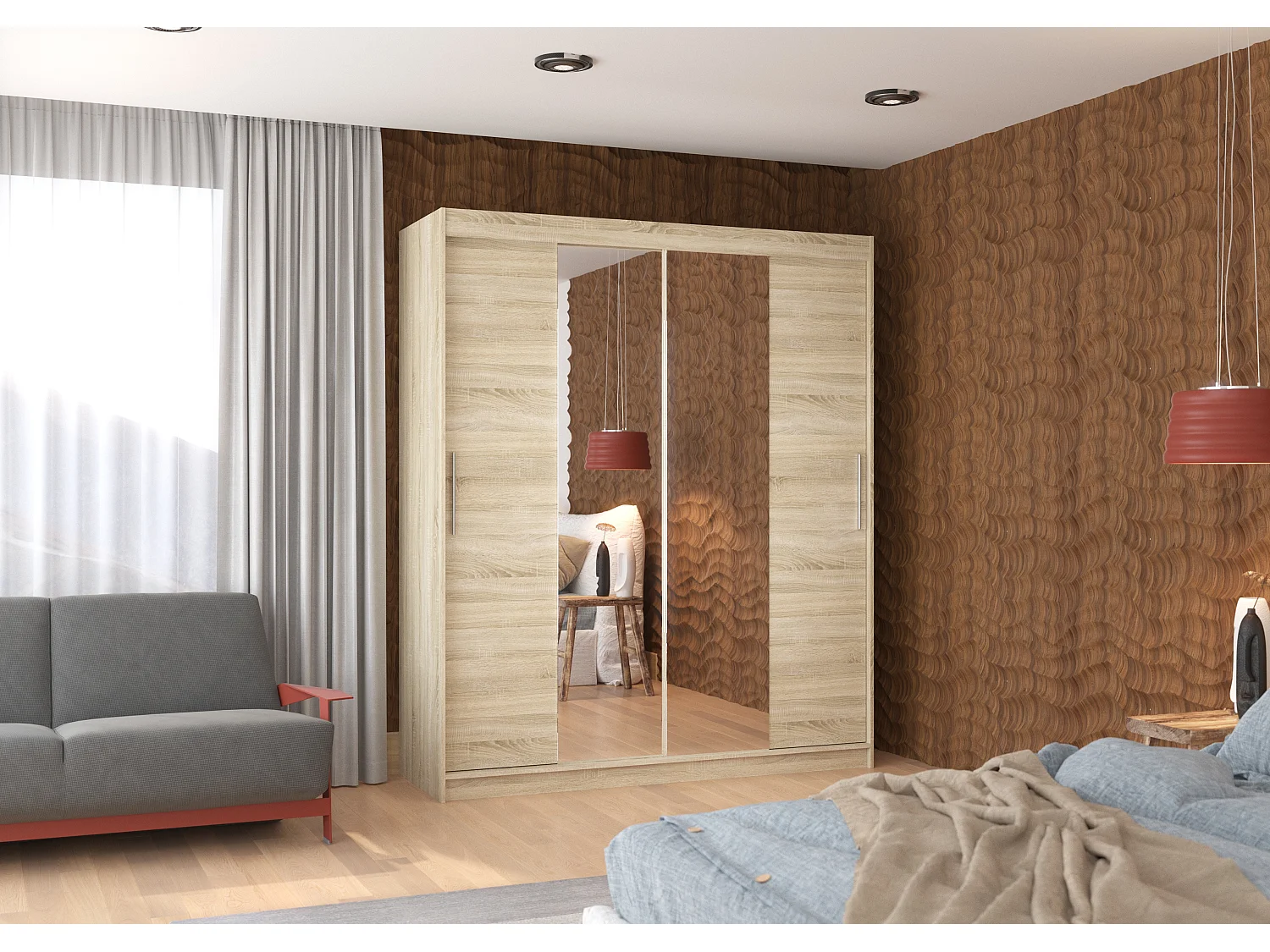 Armoire de chambre à coucher 2 portes coulissantes naturel et miroir Dally 180cm