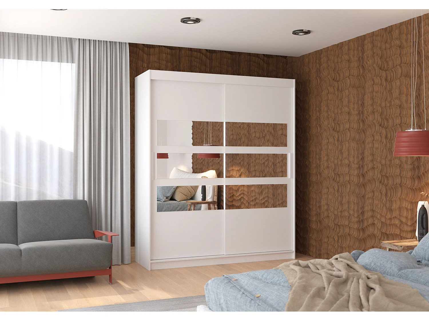 Armoire de chambre à coucher 2 portes coulissantes blanc et 6 miroirs horizontaux Dolena 180cm