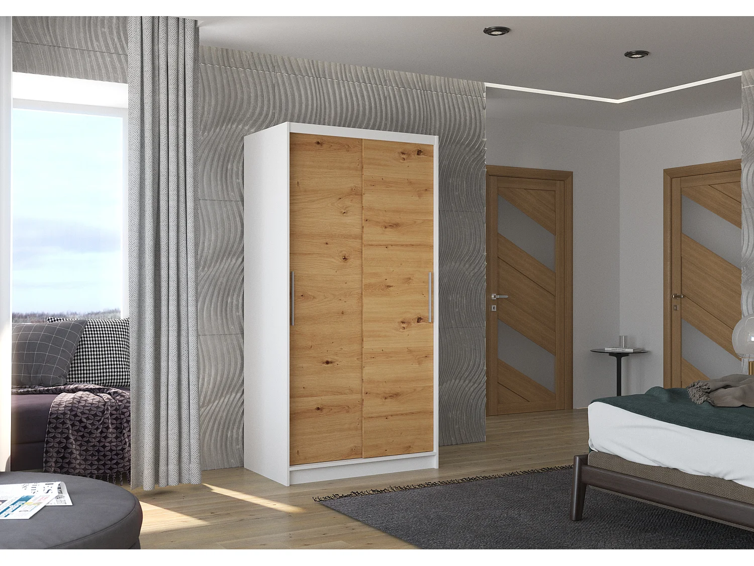 Petite armoire de chambre à coucher blanche 2 portes coulissantes bois artisan Kilane 100cm