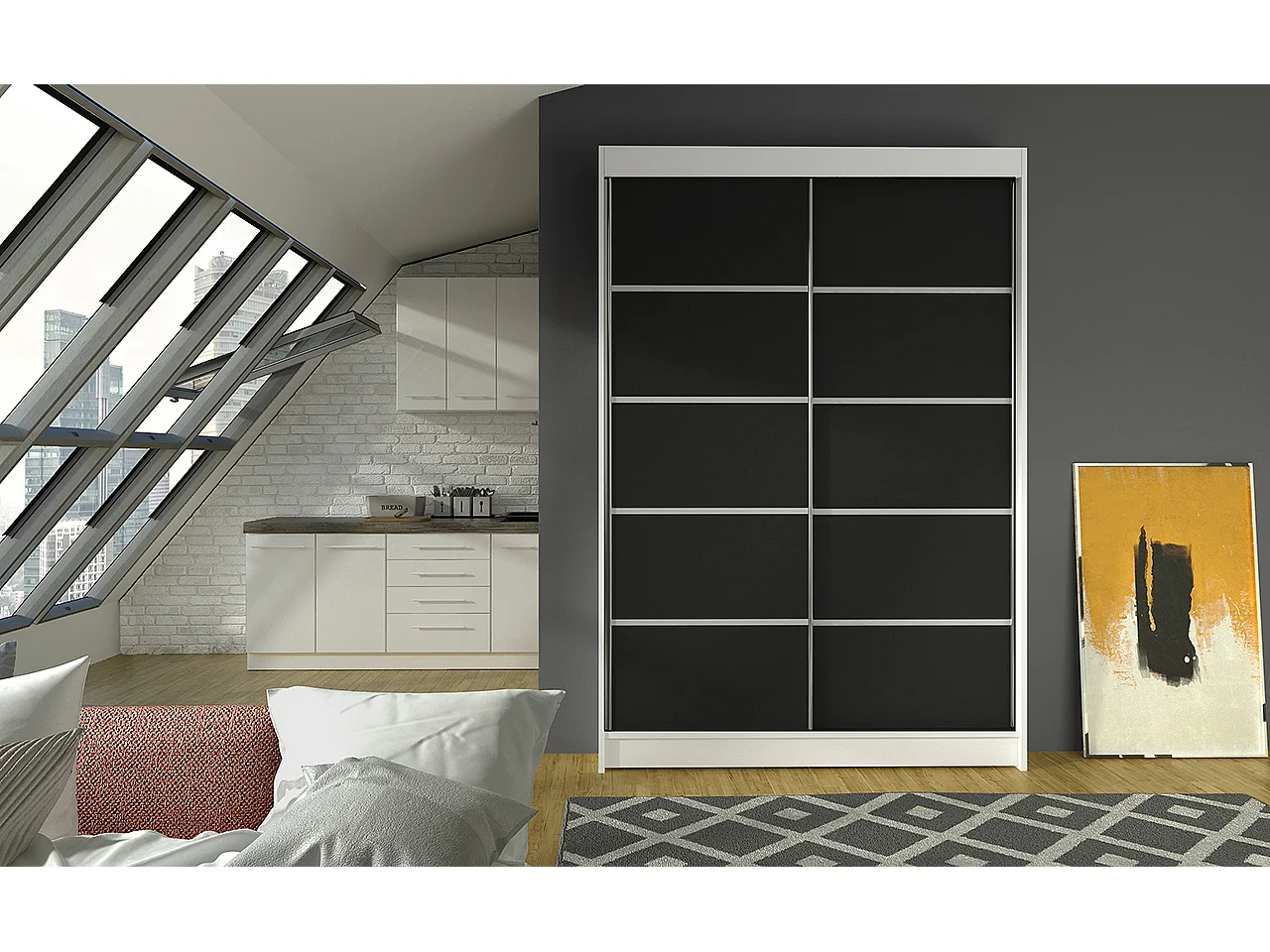 Petite armoire de chambre blanche et noir avec 2 portes coulissantes Benko 120cm