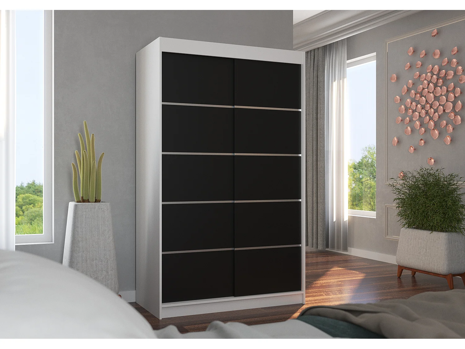 Petite armoire de chambre blanche et noir avec 2 portes coulissantes Benko 120cm