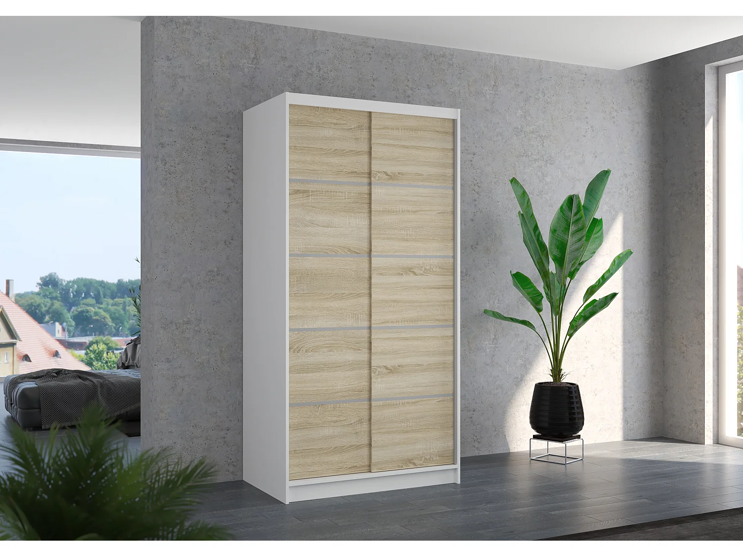 Petite armoire de chambre blanche 2 portes coulissantes en bois clair Rika 100cm