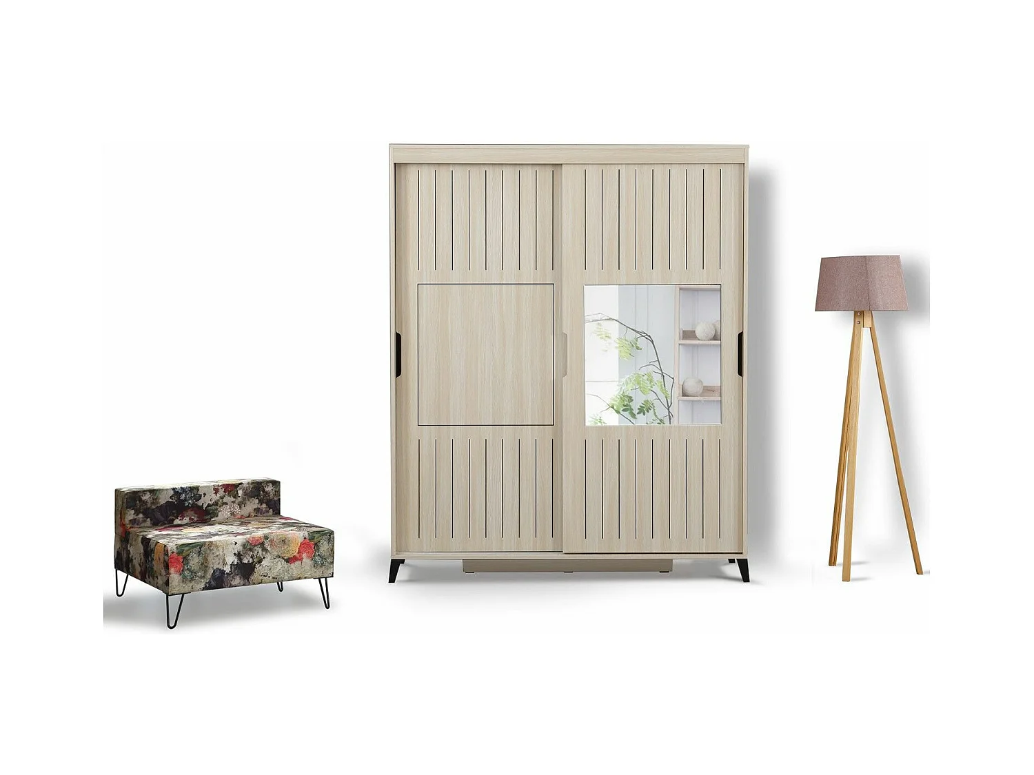 Armoire 2 portes coulissantes avec miroir Olgin L150xH216cm Bois Chêne clair